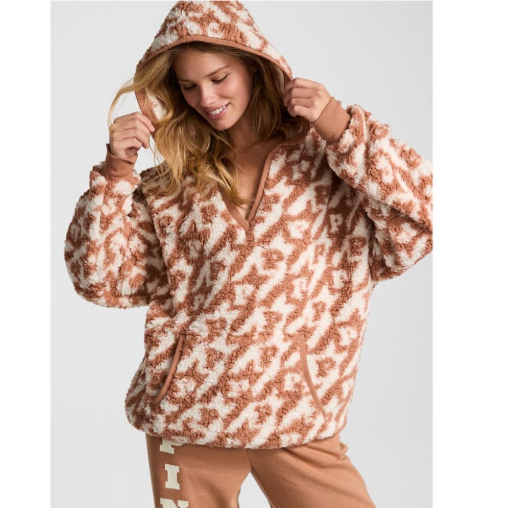 PINK Victoria's Secret Fuzzy Teddy Sherpa Hoodie Logo Oversized XL NWT